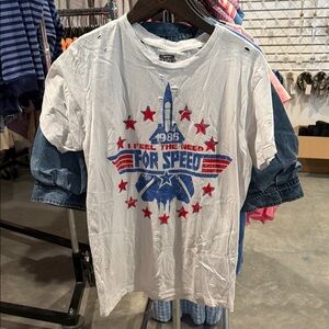Country Deep White Short Sleeve Tee with Red & Blue Rocket Graphic